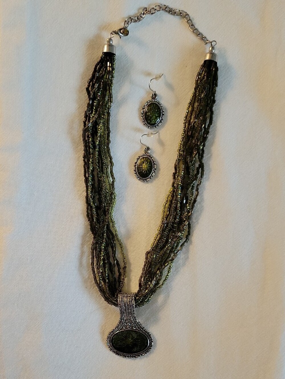 Olive Green Multi-Strand Beaded Necklace with Pendant and Matching Earrings